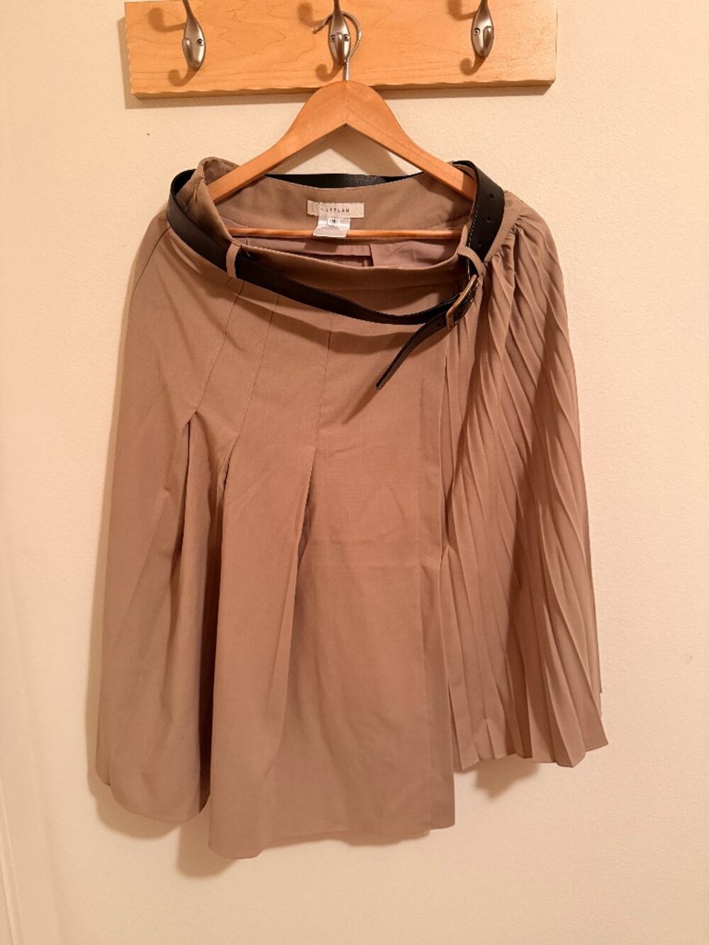 The Frankie Shop Pleated Midi Skirt Tan with Leather Belt